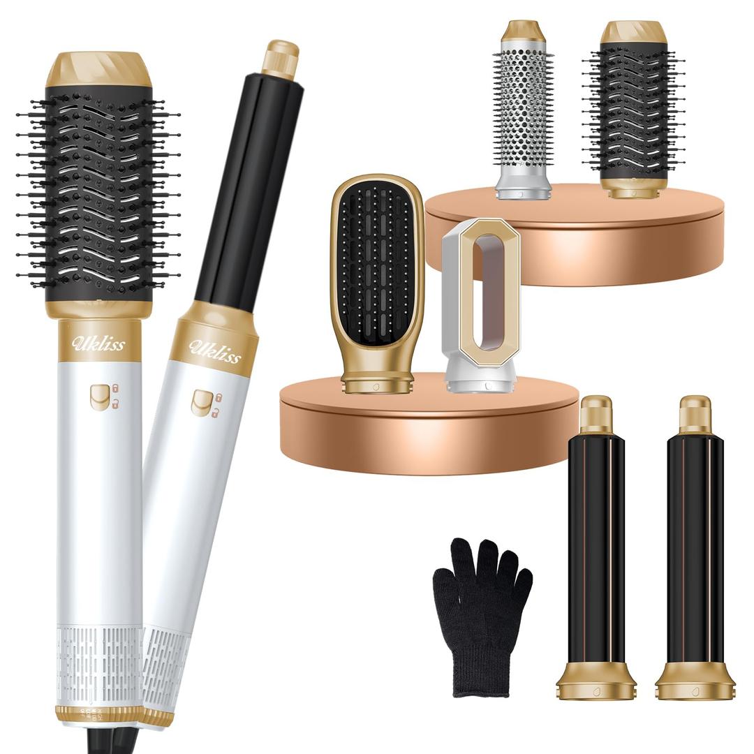 UKLISS 6 in 1 Blow Dryer Brush,Hair Dryer Brush with Ionic Technology, Multifunctional Styler Styling Tools, Auto Air Curler for Hair, Fast Styling for Most Hair Types, Safe ALCI Plug (White Gold)