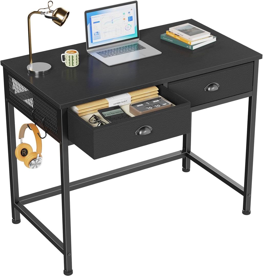 Furologee Small Computer Desk with 2 Fabric Drawers for Bedroom, 34 Inch Simple Home Office Desk for Small Space, Study Work Writing Table with Hooks for Student, Black
