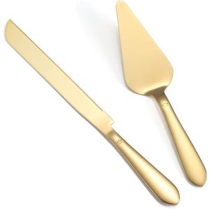 Cake Cutting Set for Wedding, Elegant Cake Knife and Server Set with Thickened Stainless Steel Rounded Edges, Cake Cutter Pie Spatula for Birthday Anniversary Christmas, 2 Pcs, Gold (13.0 Inch)