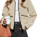 Cicy Bell Womens Button Down Bomber Jackets Puff Sleeve Cropped Pea Coats Casual Fall Color Block Outerwear (Medium, Beige)