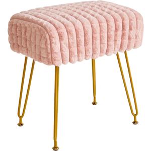 IBUYKE Rectangular Footrest Stool Ottoman, Makeup Vanity Stool Side Table, Velvet Dressing Table Seat, Footstool Chair, Golden Steel Legs, for Makeup Room, Bedroom, Square Grid Pattern, Pink WBD003P (without storage)