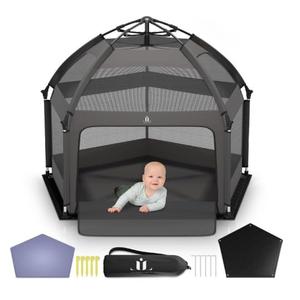 Pop-Up Playpen for Babies & Toddlers Foldable with Canopy (UPF 50), Self-Inflating Playmat, Wind Shade & Carry Bag Durable Baby Beach Tent, Outdoor