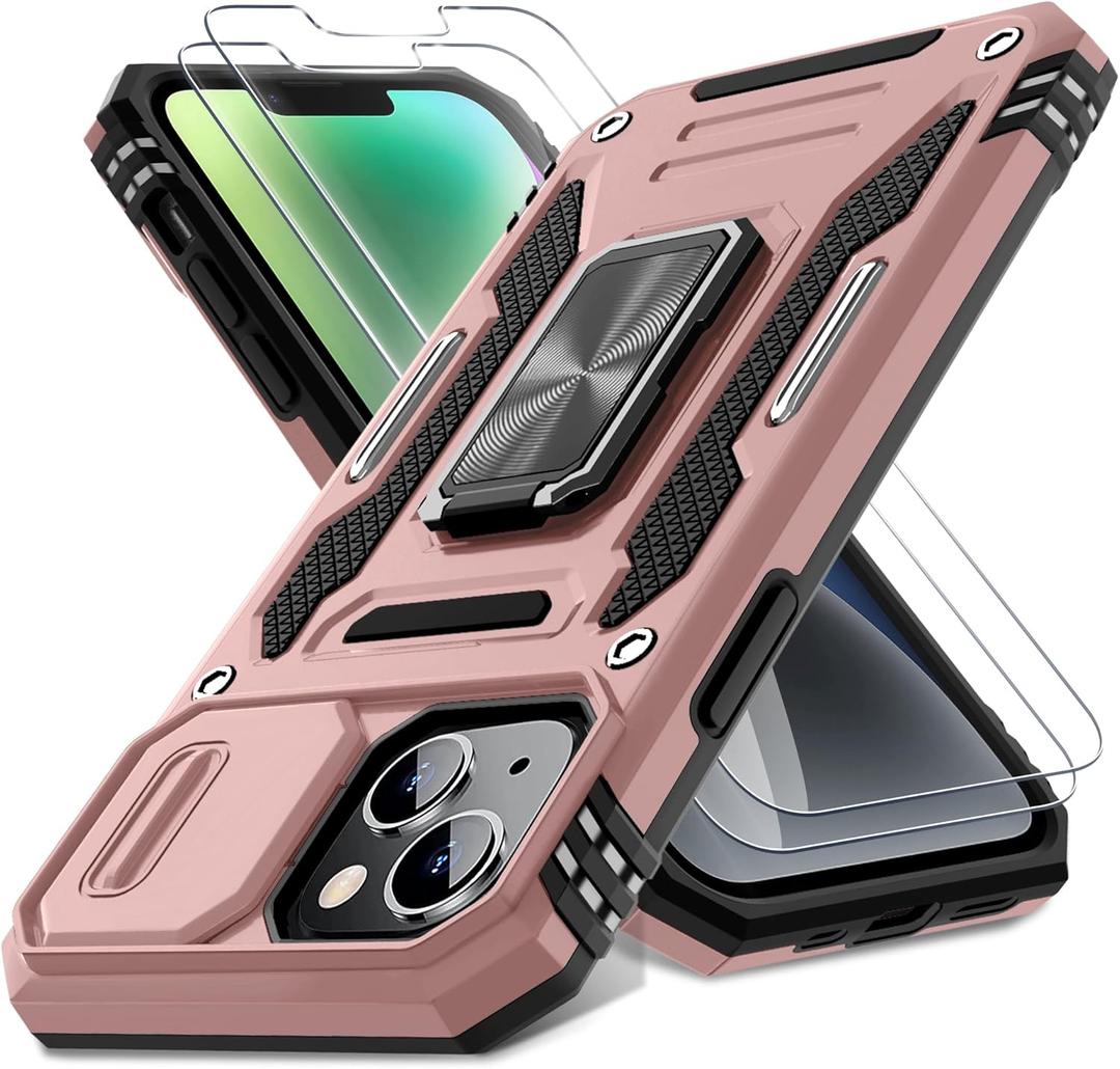DEERLAMN Case for iPhone 13/iPhone 14 6.1-Inch with Slide Camera Cover+Screen Protector(2 Packs),Rotated Ring Kickstand Military Grade Shockproof Protective Cover-Rose Gold