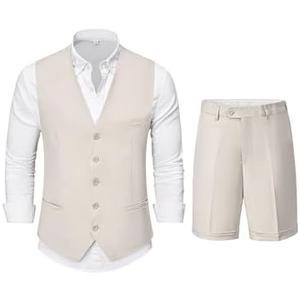 YND 2-Piece Men’s Linen Waistcoat Shorts, Lightweight Vest Pants, Casual Wedding Beach Summer Prom Homecoming Outfit Large