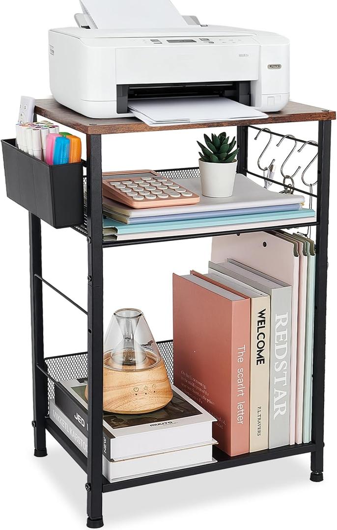 Small Under Desk Storage, Brown Printer Stand with Storage Shelf, 3-Tier Height Adjustable Printer Table with Basket & 3 Hooks for Home Office Fax Machine Scanner Files