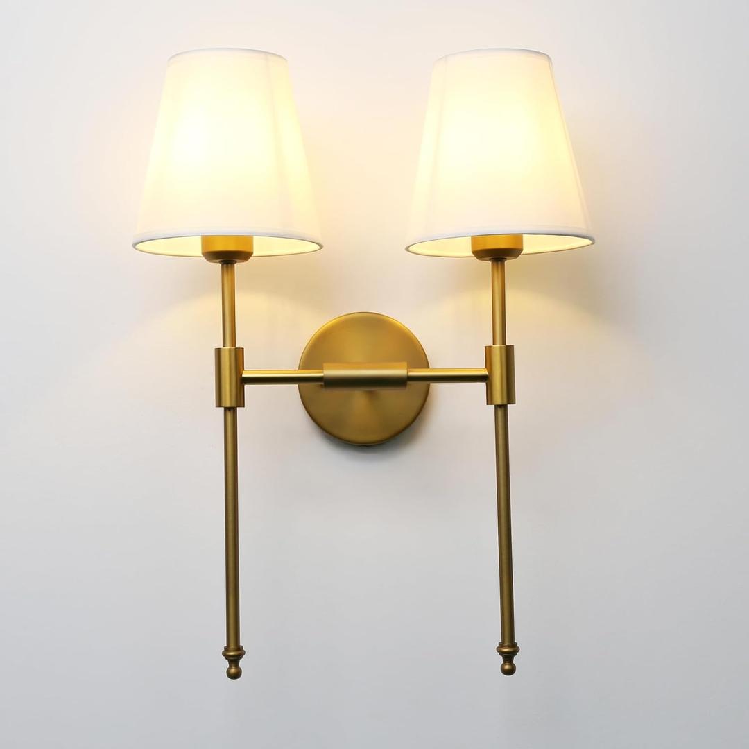 PERMO Classic Rustic Double Sconce Large 2-Lights Wall Sconce with Flared White Textile Lamp Shade and Antique Brass Finished Long Arm, Wall Sconce Light Fixture for Living Room Bathroom Bedroom