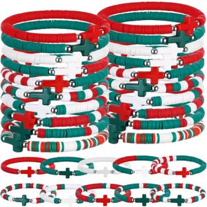 Landical 30/50 Pcs Cross Bracelets Bulk Jesus Bracelets Handmade Elastic Colorful Polymer Clay Bead Religious Wristbands Christian Wristband for Women Kid Easter Valentine Gifts