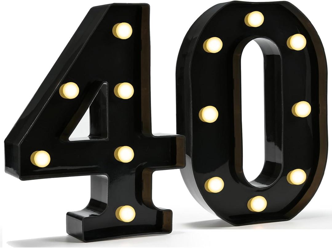 Pooqla Decorative Led Light Up Number Letters, Black Plastic Marquee Number Lights Sign for 40th Birthday Party Wedding Decor Battery Operated Black Number 40 (8.86 in)