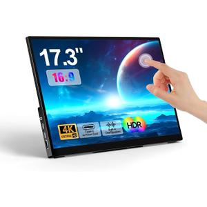 17.3 Inch Portable Touchscreen Monitor 4K UHD 3840 ×2160 100% NTSC Metal Shell Tempered Glass, Dual Speaker,Stand & Sleeve, USB-C, HDMI, HDR, Freesync,Plug & Play, for PC, Mac, Phone, Game Consoles