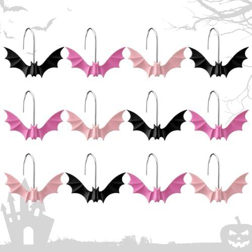 Colingmill 12 Pcs Halloween Bat Shower Curtain Hooks Xmas Shower Curtain Hooks Halloween Bathroom Decor Rings for Bathroom Bedroom