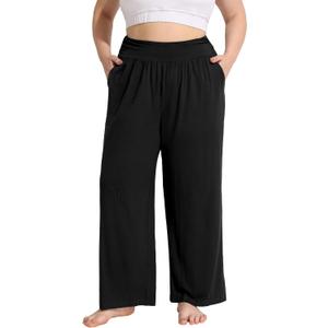 FOREYOND Plus Size Wide Leg Pants for Women Comfy Casual Lounge Yoga Pants High Waist Pajama Pants with Pockets XL-5XL (3X-Large Plus, Black)
