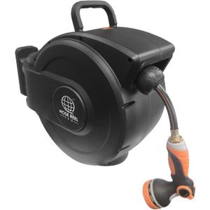 Retractable Garden Hose Reel, 50 ft Wall-Mounted Garden Hose with Automatic Rewind, 10-Function Spray Nozzle, 180 Swivel Bracket, Heavy-Duty Leak-Proof Design, Black