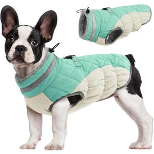 FUAMEY Dog Coat for Dogs,Waterproof Dog Winter Jacket with Harness Built in Puppy Cold Weather Coats Reflective Pet Vest with Zipper Warm Fleece Dogs Snowsuit Windproof Mint Green M (M(chest:21in))