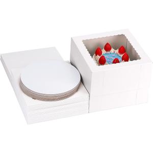 Moretoes 15 Sets Cake Boxes, 10x10x8 Inches Tall Bakery Boxes with Cake Boards, White Square Carrier with Window Cajas Pasteles for Cakes, Valentine's Day, Mother's Day