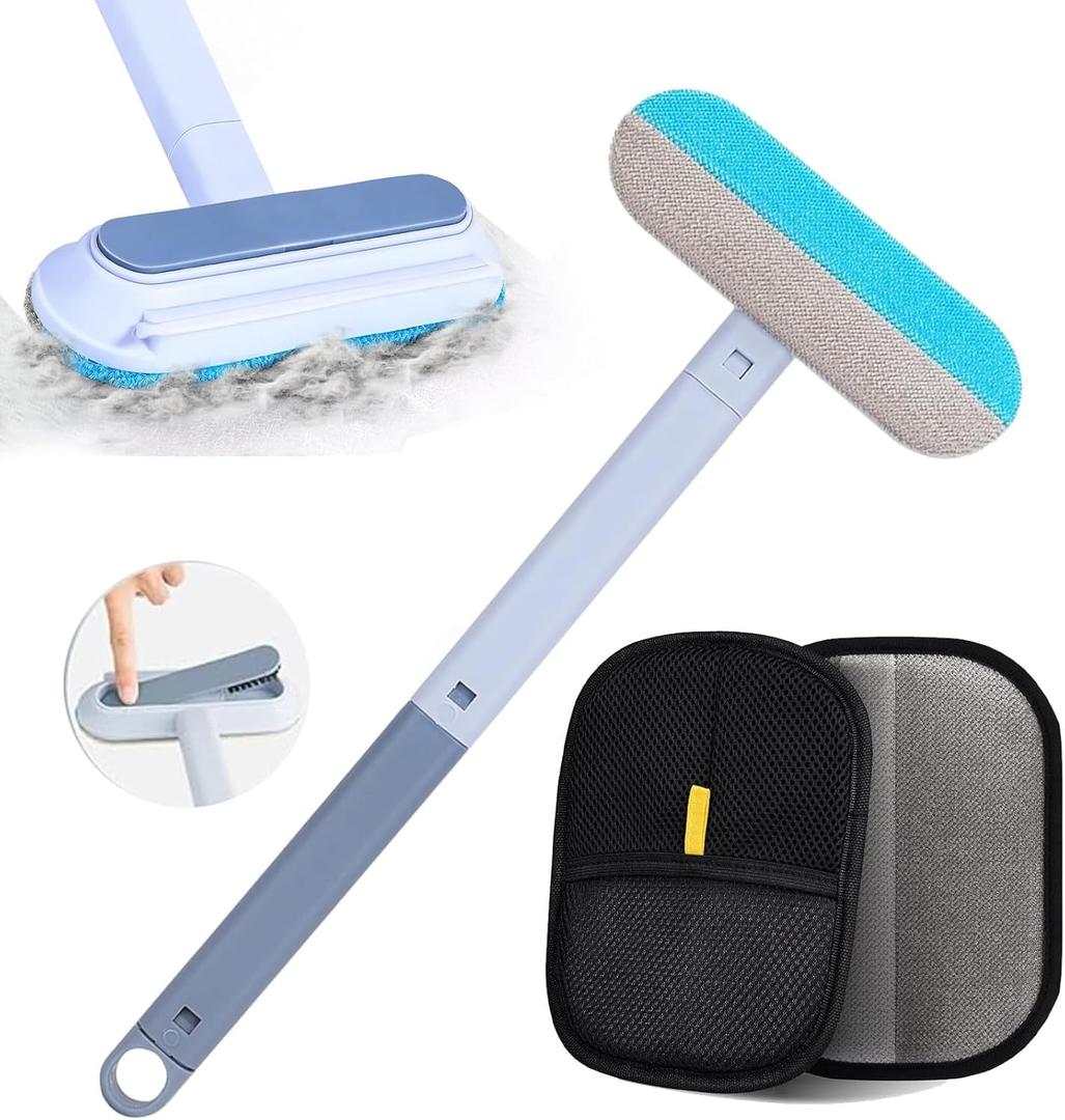 4 in 1 Pet Hair Remover with Glove, Reusable&Effective Cat and Dog Hair Removal Cleaning Tool with 17-Inch Extra Long Handle Multifunctional Fur Lint Brush for Couch,Furniture,Carpet,Clothes,Bedding