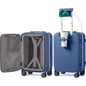 Mixi Carry On Luggage with Cup Phone Holder and Charger Hard Shell Suitcases with Spinner Wheels,20 Inch Sapphire Blue