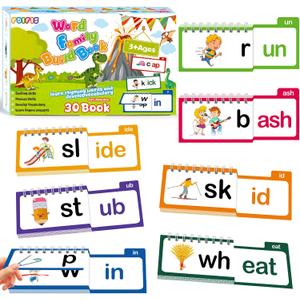Word Family Build Book, 30 Read and Rhyme Flip Activity Book, Dinosaur ABC Learn to Read Phonics Flash Cards for Preschool/Kindergarten, CVC Words Reading Games for Kids Ages 3-8