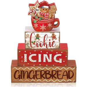 Moucuny 4 Pcs Christmas Gingerbread Man Table Sign Christmas Cup Wooden Decorative Signage Xmas tiered Tray Decor Winter Centerpieces Farmhouse Wooden Block Set Xmas Table Sign for Home