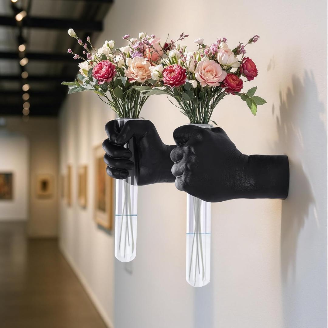 2 Pieces Wall Sculptures, Hands Vase Home Decor, Wall Mount Art Sculpture, Unique Wall Art Statue, Funky Flower Vase Decorations, Modern Eclectic Hanging Decor,Hands Statue (Black)
