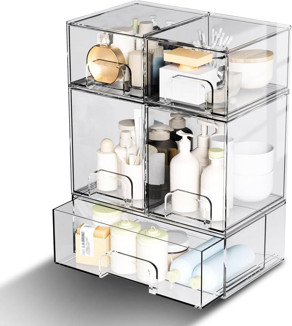 5 Pack Stackable Storage Drawers, Clear Plastic Organizer Bins with Pull-out Handle for Makeup, Ideal for Vanity, Bathroom, Undersink, Cabinet, Pantry Organization