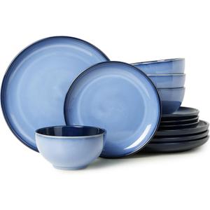 Pokini Stoneware Dinnerware Sets, Ceramic Plates and Bowls Set, Microwave & Dishwasher Safe Kitchen Dish Set, Modern Dinner Salad Plates | Cereal Bowls for 4, Dishware Sets Gray Green