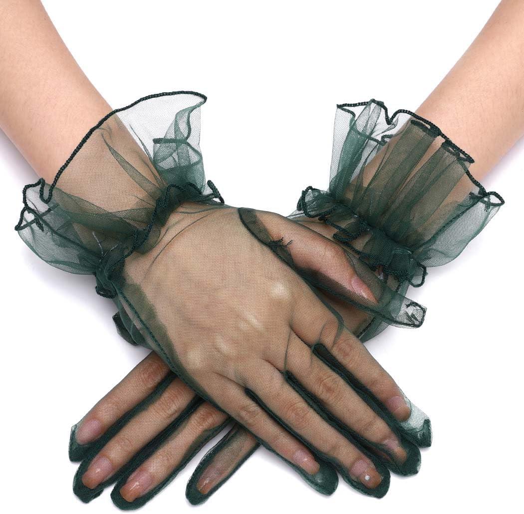 CASDRE Short Tulle Gloves Wrist Length Sheer Glove Halloween Evening Costume Gloves for Women (Green)