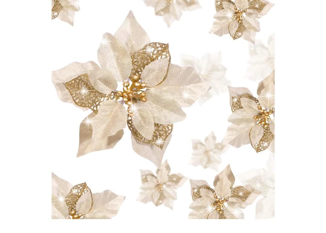 WILLBOND 36 Pieces Christmas Poinsettia Glitter Faux Flowers Christmas Artificial Flowers Tree Ornaments Topper Xmas Decorations(Gold)