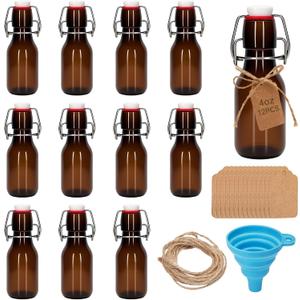 12Pcs 4 oz Amber round Mini Swing Top Glass Bottles with Stoppers Small Flip Top Bottles with Airtight Lids for Crafts Decoration Wedding Themed Party Favors (12)
