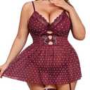 Mixxmix Plus Size Lingeire for Women Mesh Babydoll Dress with Gater Belt Sexy Lace Nightgown Chemise Sleepwear Burgundy 2XL