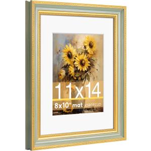 11x14 Picture Frame for 8x10 Photo with White Mat, HD Real Glass 11x14 Vintage Photo Frame with Gold Green Texture Border Horizontal & Vertical Display for Tabletop or Wall Decor (1 Pack)