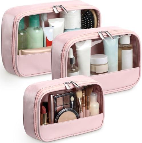 Abbylike 3 Pcs Clear Makeup Bag PU Leather Travel Cosmetic Case Transparent Toiletry Bag with Zipper Waterproof Travel Toiletry Bags for Women and Girls(Pink)