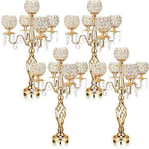Nitial 4 Pcs 5 Arm Crystal Candelabra Centerpieces for Table 27 Inch Retro Victorian Crystal Candle Holders Bowl Table Centerpieces Decor for Wedding Banquet Valentine Dinner Party Event (Gold)
