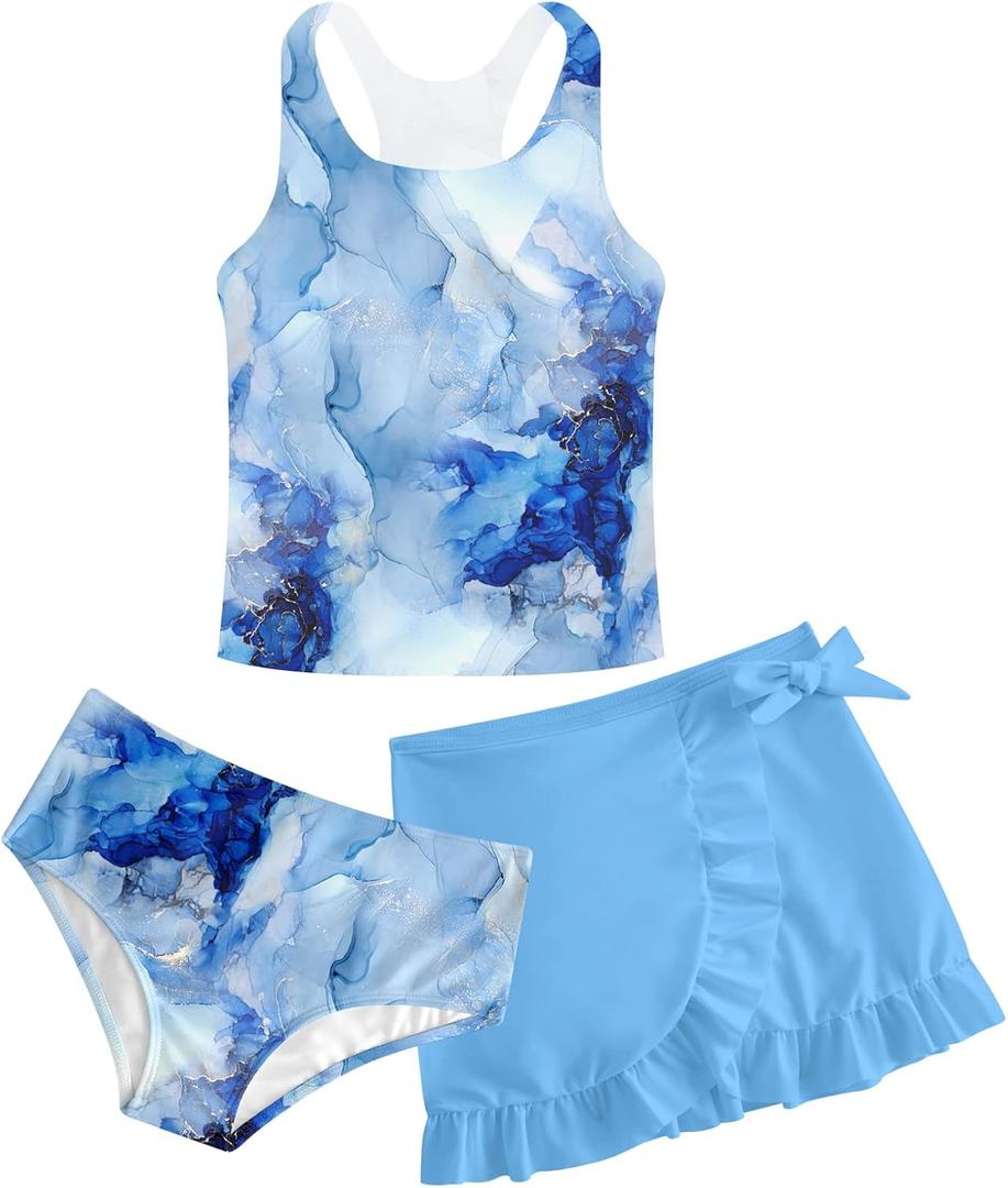 Girls Swimsuits 3 Piece Tankini Bathing Suit Set Cute Bikini Swimwear with Cover Ups Beach Skirt (8-9 Years, Blue)