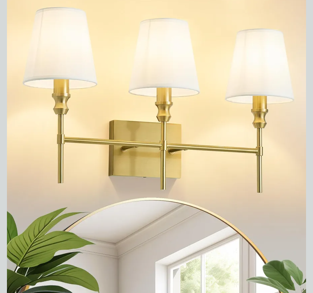 Bathroom Light Fixtures,23.6 IN Bathroom Vanity Lights Over Mirror，3-Light Antique Brass Vintage Wall Sconce With Flared White Fabric Lampshade For Bedroom,Living Room,Foyer,Hardwired,E12 Base
