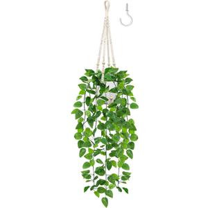 USLAI Fake Hanging Plant, Artificial Pothos Vines Greenery with Pot and Macrame Plant Hanger for Indoor Outdoor Boho Decor