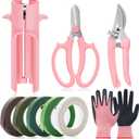 9 Pcs Rose Thorn Remover Set Include 1 Flower Thorn Stripper Tool 5 Floral Tape 1 Flower Scissor 1 Curve Gardening Scissors 1 Pair Gardening Gloves for Valentine Women Mother Gift (Pink)