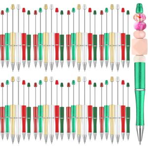 Kosiz 60 Pieces Plastic Beadable Pen Beaded Black Ink Ballpoint Pens for Office Supplies Gifts(Red, Green Series,Classic)