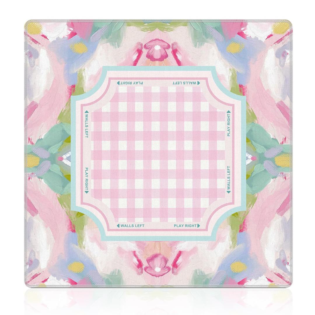 WHCHJ Pink Boho Floral Checkered Mahjong Mat 31.5 x31.5 , Abstract Watercolor Cottagecore Pastel Non-Slip Noise Reduction Mahjong Table Mat for American Mah Jong Poker Board Card Games Dominoes
