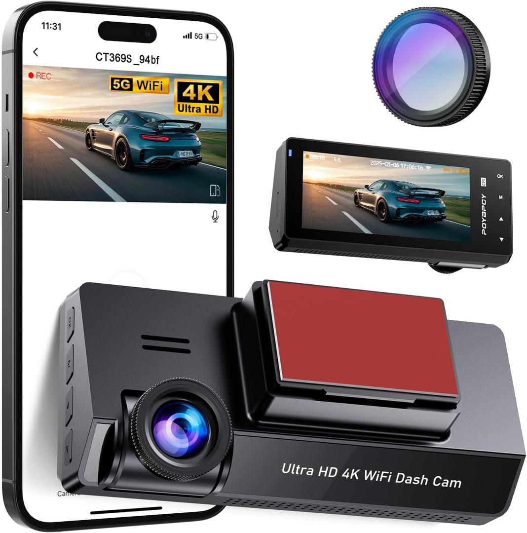 Dash Cam Front 4K Built-in 5GHz WiFi with CPL, Dash Camera for Cars with 64GB SD Card, App Control, 3.69" IPS Screen Dashcam with UHD 2160P, Night Vision, Loop Recording, Parking Mode, 170Wide Angle