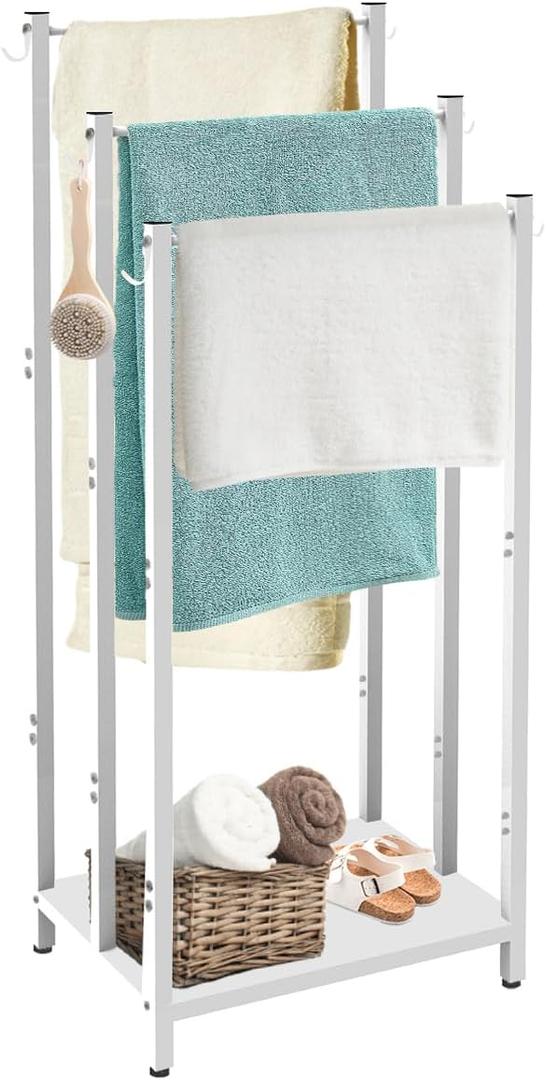 44 Inch Tall Free Standing Towel Rack with Metal Storage Shelf & 6 Hooks for Bathroom, 3 Tiers Heavy Duty Blanket Drying Stand Holder for Outdoor Pool, Bedroom, Living Room, White