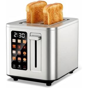 Touch Screen Toaster 2 Slice, Premium Stainless Steel Digital Bread Toaster with Timer, 1.5'' Wide Slot, 6 Shade Settings & 6 Bread Types, Bagel Defrost Reheat Cancel Functions