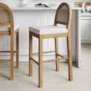 Nathan James Bailey 29 in. Boucle Bar Stool with Back, Bar Height Chair with Natural Woven Rattan Back and Solid Wood Legs, Light Brown