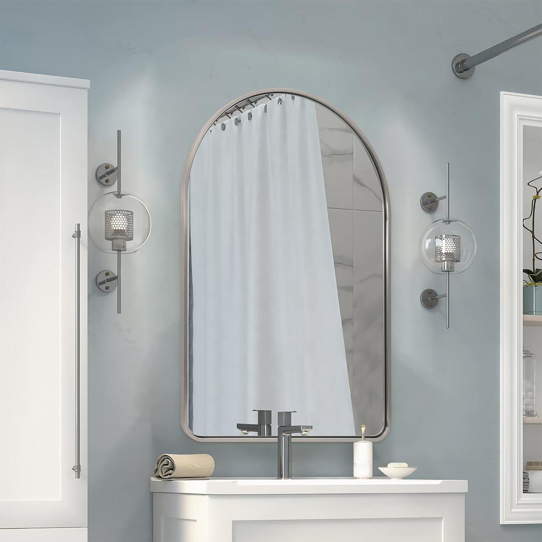 Andy Star Brushed Nickel Arched Mirror, 24x36 Arched Bathroom Mirror, Arch Wall Mirror, Bathroom Vanity Mirrors Metal Framed, SUS304-Anti-Rust, Tube Frame, 1 Deep Set Wall Mounted Vertical