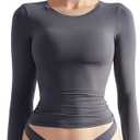 SUUKSESS Women Double Lined Fitted Basic T Shirts Crew Neck Long Sleeve Crop Top (Large, Ash)