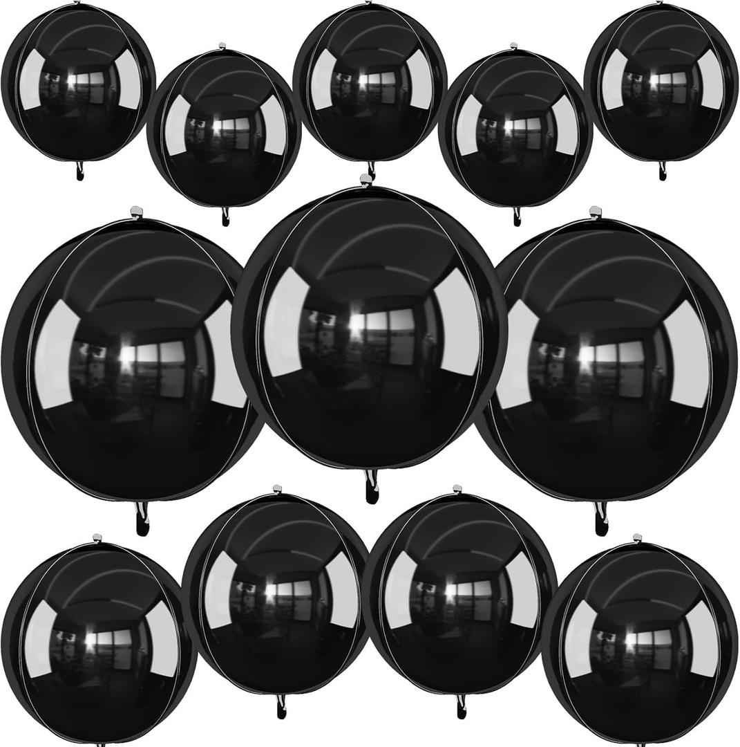 12Pcs Black Round Foil Balloons, 22" 15" 10" Metallic Black 4D Ball Balloons for Birthday Graduation Christmas New Year Eve Halloween Party Backdrop Decorations