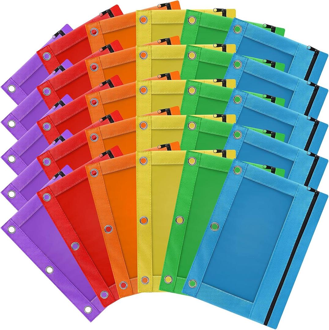 3-Ring Pencil Pouch, 30 Pack Bulk Zipper Pen Pouches in Assorted Colors for Office College School Supplies Cosmetics, Cloth Pencil Case for 3 Hole Binder