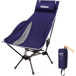 Wildhiker Portable Compact Folding Camping Chairs – Lightweight High Back with Pillow, Deep Recline, ArmPads, Side Pockets-for Motorcycle, RV, Backpacking, Travel, Festival 