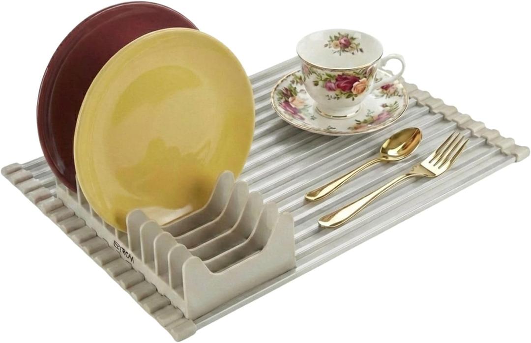 Medium Aluminum Roll Up Dish Drying Rack (17" x 13") - Fits Sinks up to 16 Inches, Heavy Duty Square Bar, Rust-Proof & Heat Resistant with Removable Dish Holder (Beige Medium)