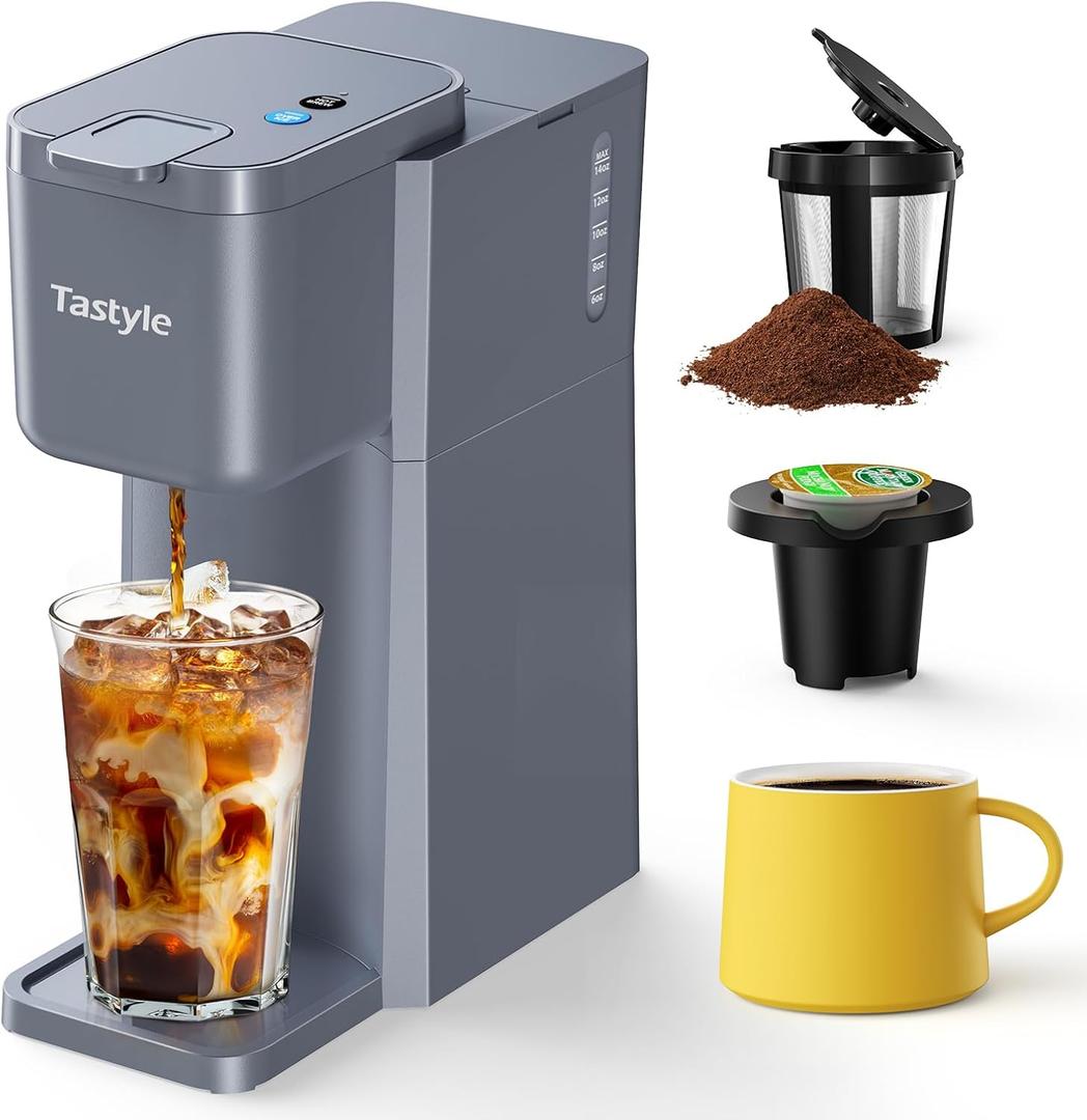 Tastyle Mini Hot and Iced Coffee Maker Single Serve, for K Cup and Ground, 6 to 14 Oz Brew Sizes, with Recipe Book, for Home, Travel, RV, Office and Dorm, Elegant Gray