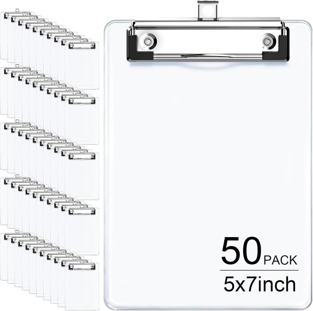 50 Pack Clear Small Clipboard, 5 x 7 Mini Size for Classroom, Students, Teacher, Nurse,Clip Board with Low Profile Clip, Office & School Supplies